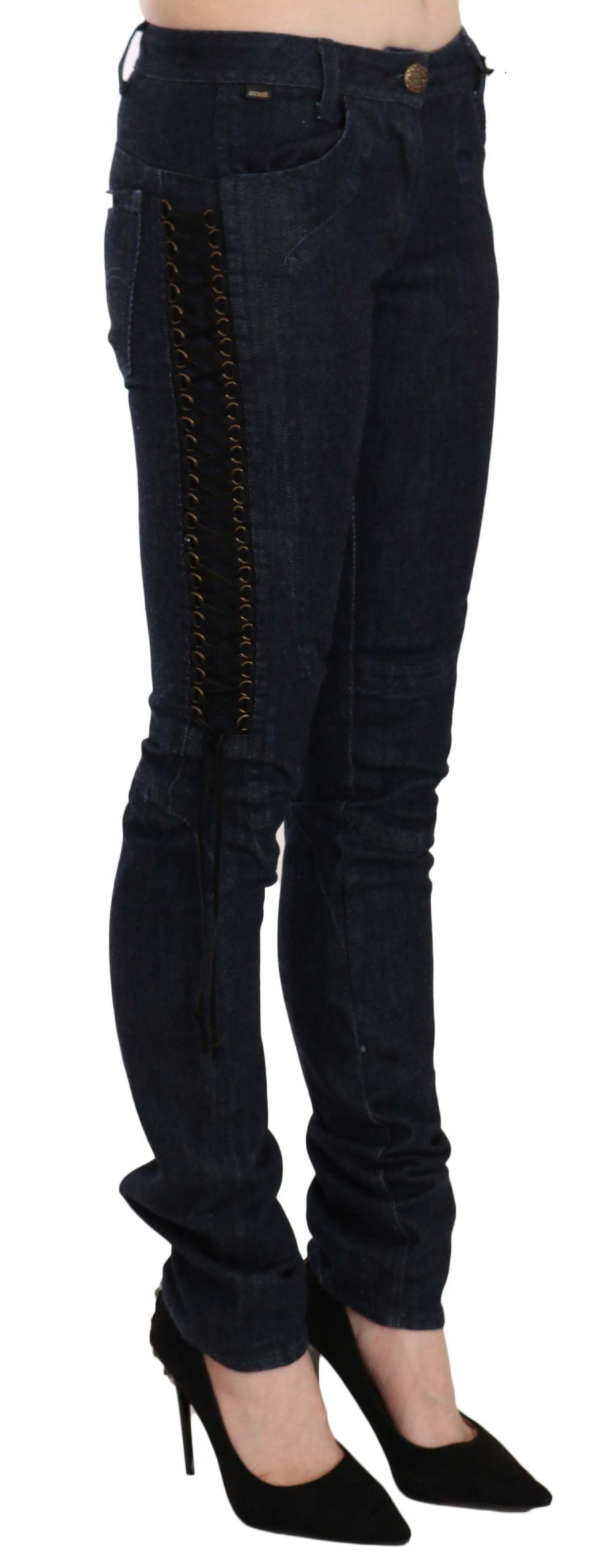 Just Cavalli Blue Low Waist Skinny Trousers Braided String Pants $625.00 Just Cavalli Luzworld