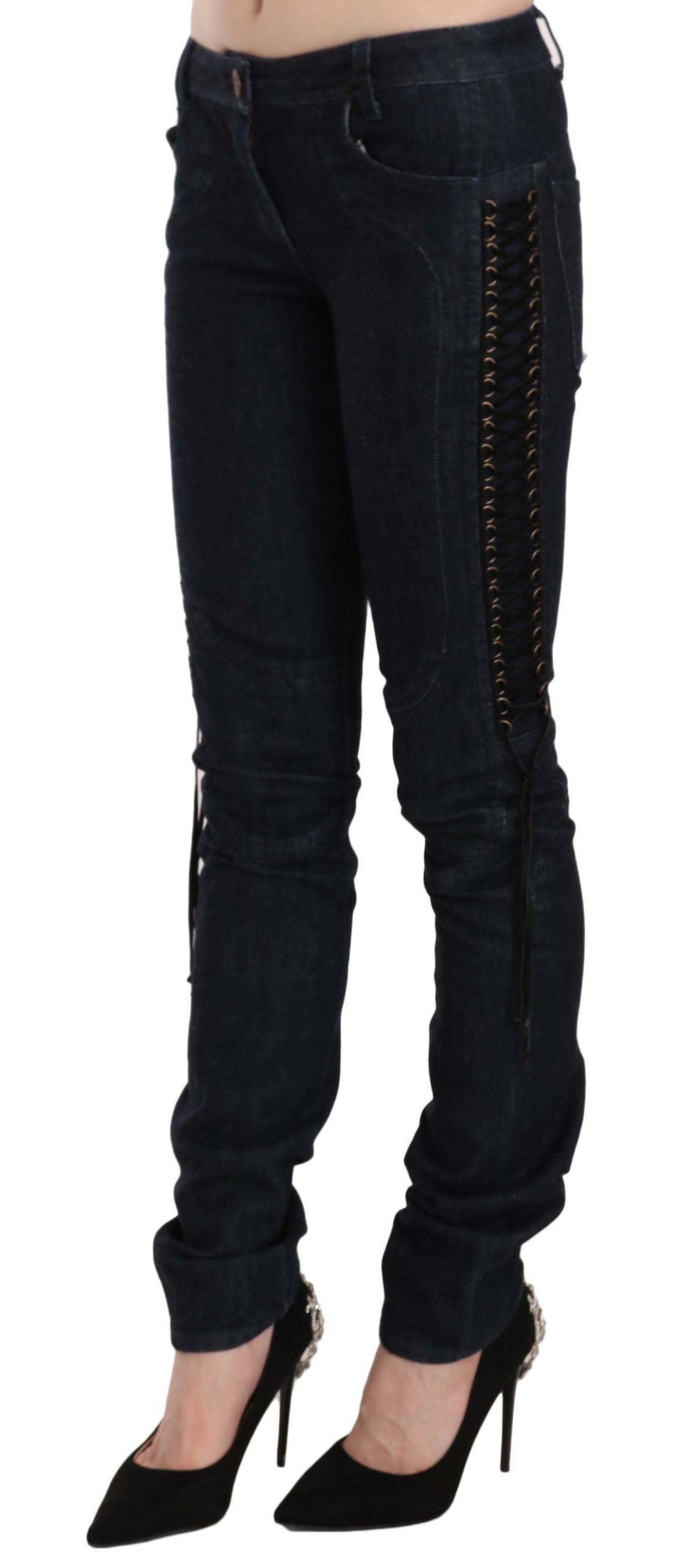 Just Cavalli Blue Low Waist Skinny Trousers Braided String Pants $625.00 Just Cavalli Luzworld