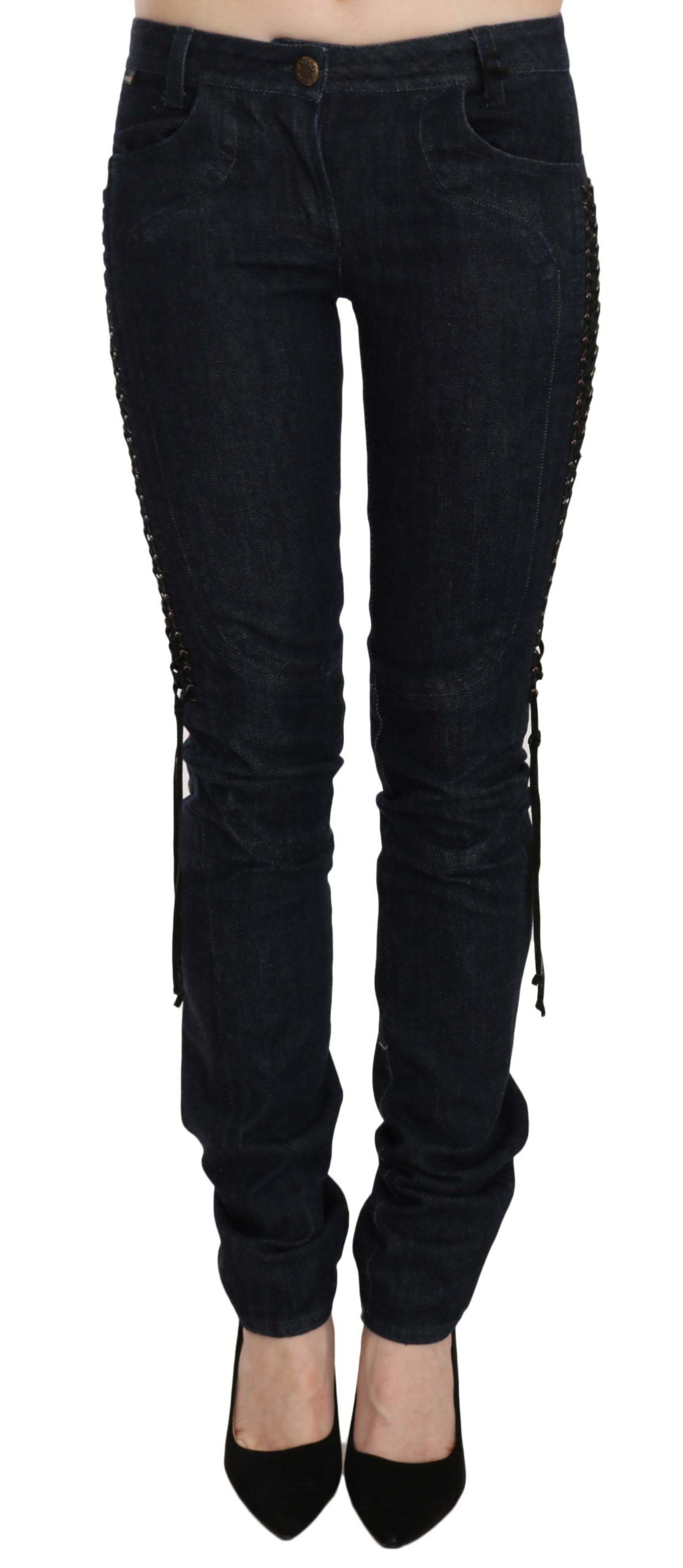Just Cavalli Blue Low Waist Skinny Trousers Braided String Pants $625.00 Just Cavalli Luzworld