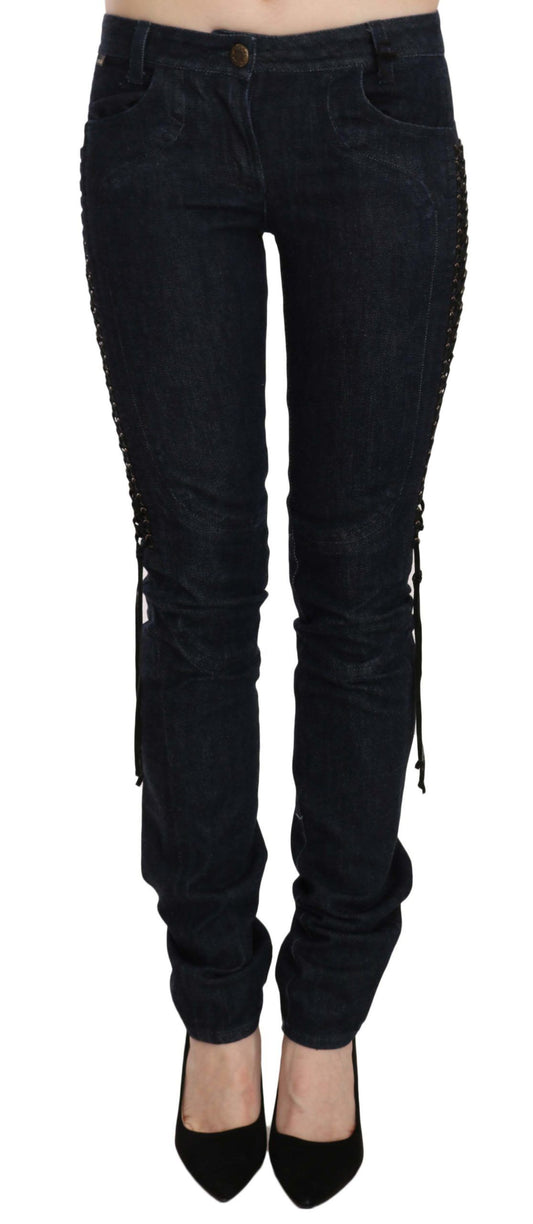 Just Cavalli Blue Low Waist Skinny Trousers Braided String Pants $625.00 Just Cavalli Luzworld