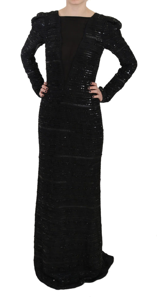 John Richmond Black Silk Full Length Sequined Gown Dress $6511.00 John Richmond Luzworld