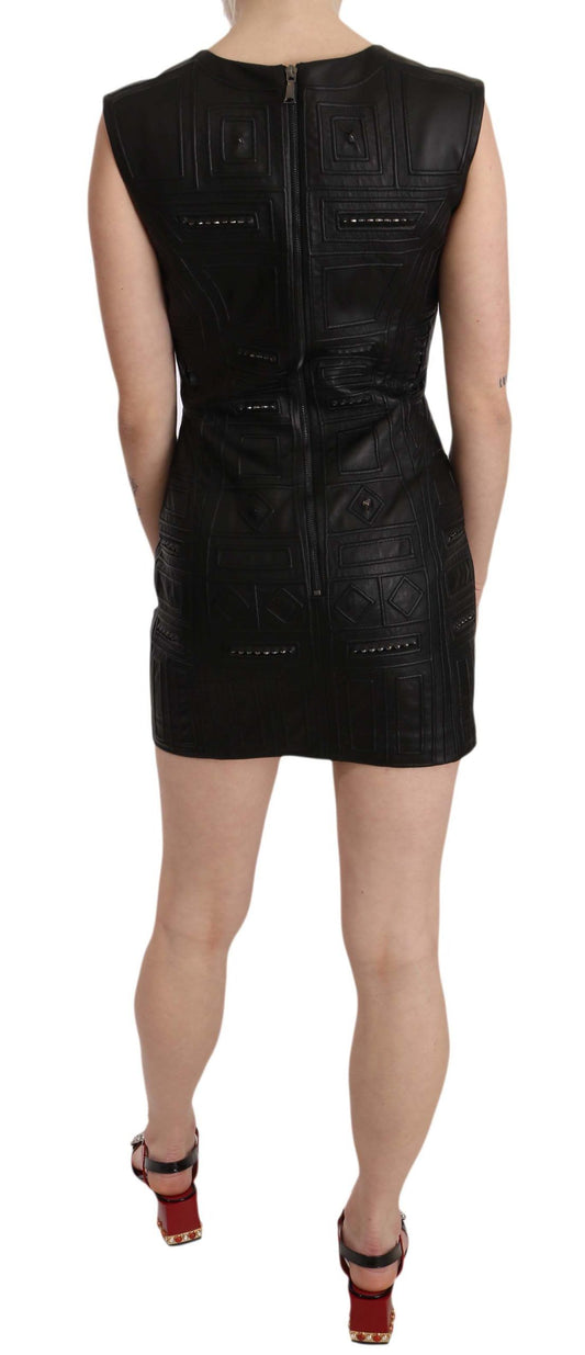 John Richmond Black Leather Studded Mini Shift Dress $5213.00 John Richmond Luzworld