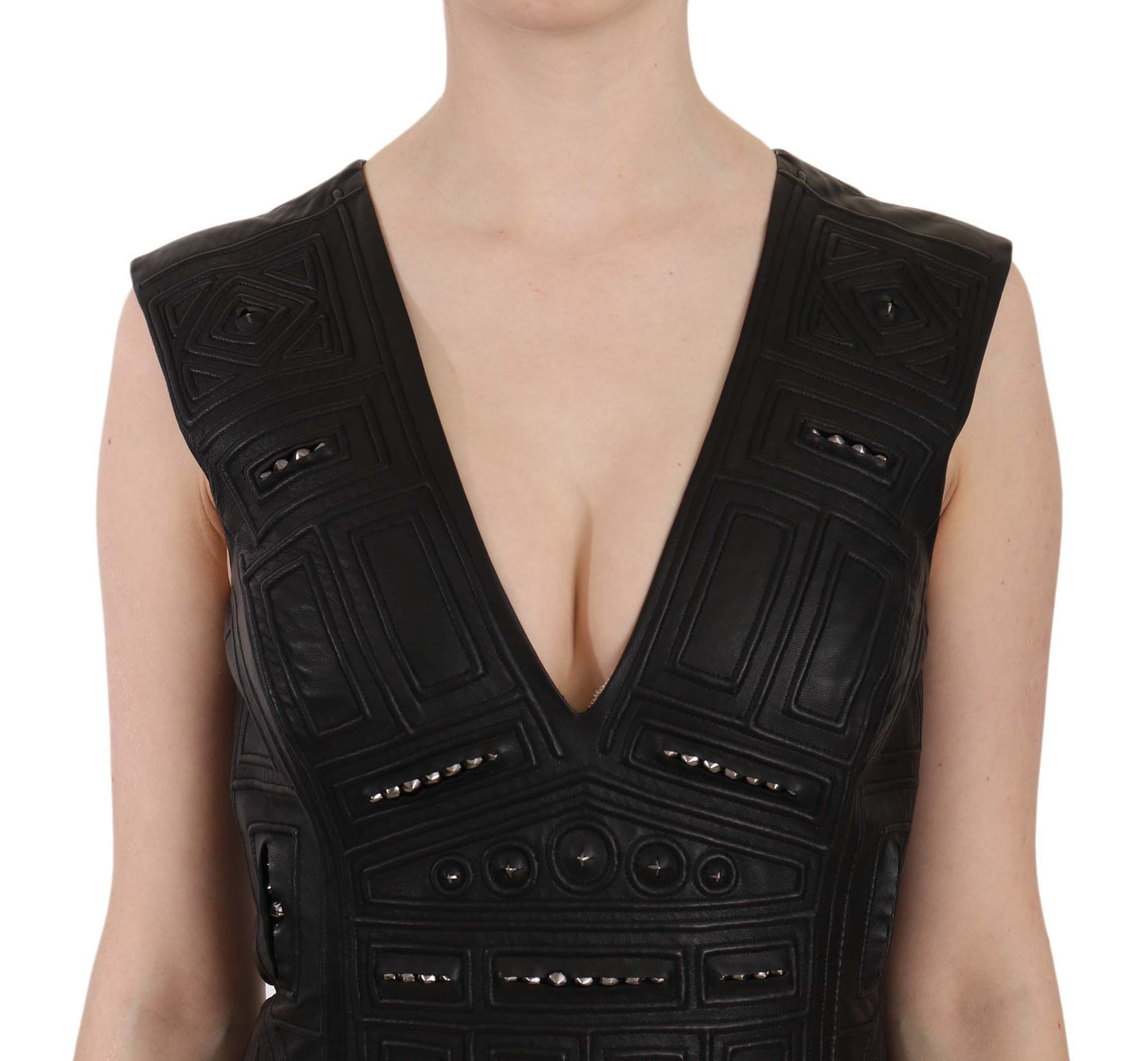 John Richmond Black Leather Studded Mini Shift Dress $5213.00 John Richmond Luzworld