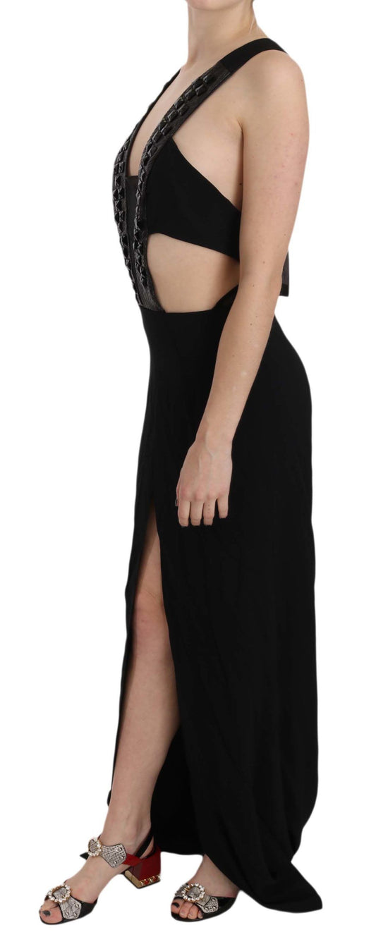 John Richmond Black Crystal Leather Gown Flare Dress $4286.00 John Richmond Luzworld