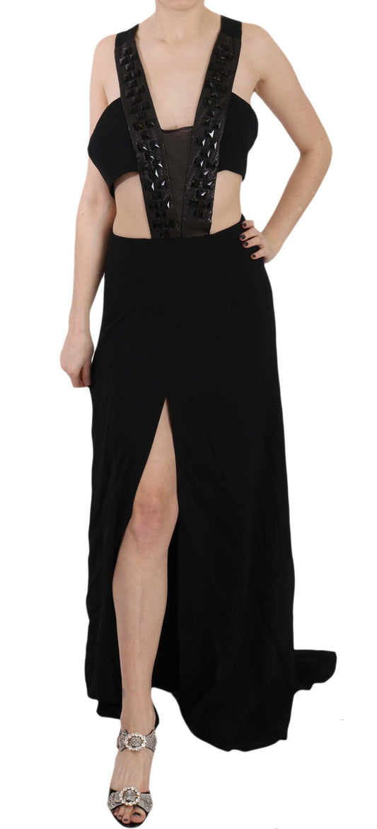 John Richmond Black Crystal Leather Gown Flare Dress $4286.00 John Richmond Luzworld