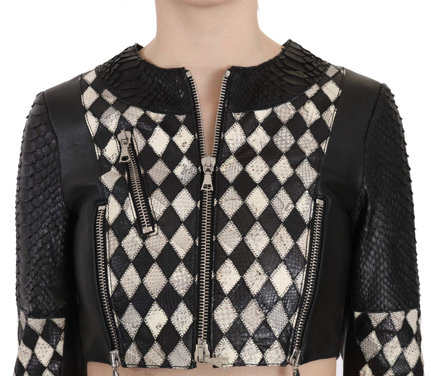 John Richmond Black White Leather Short Cropped Biker Jacket Coat $5028.00 John Richmond Luzworld