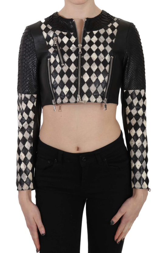 John Richmond Black White Leather Short Cropped Biker Jacket Coat $5028.00 John Richmond Luzworld