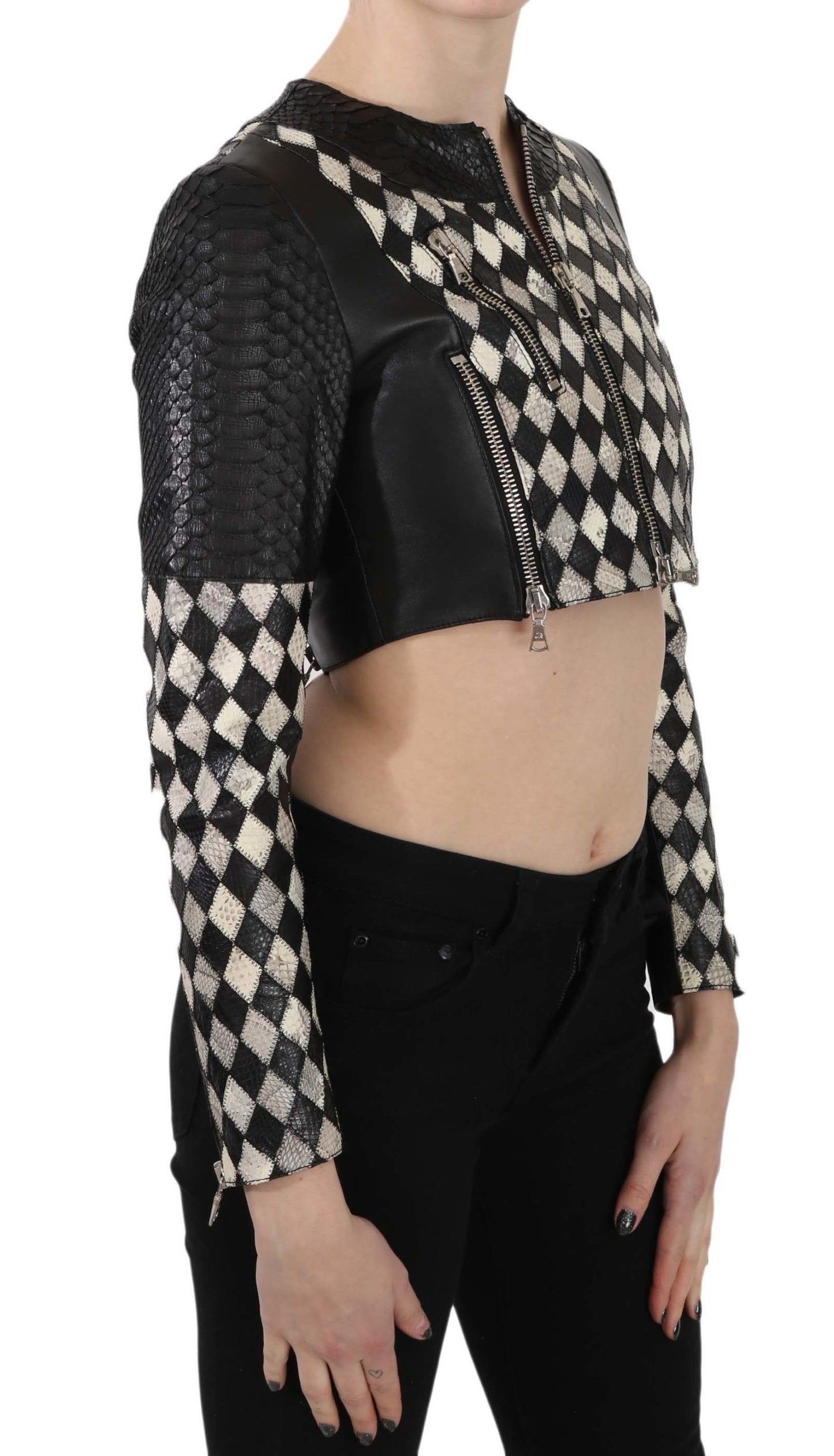 John Richmond Black White Leather Short Cropped Biker Jacket Coat $5028.00 John Richmond Luzworld