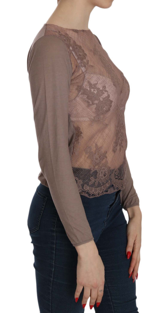 PINK MEMORIES Brown Lace See Through Long Sleeve Top $254.00 PINK MEMORIES Luzworld