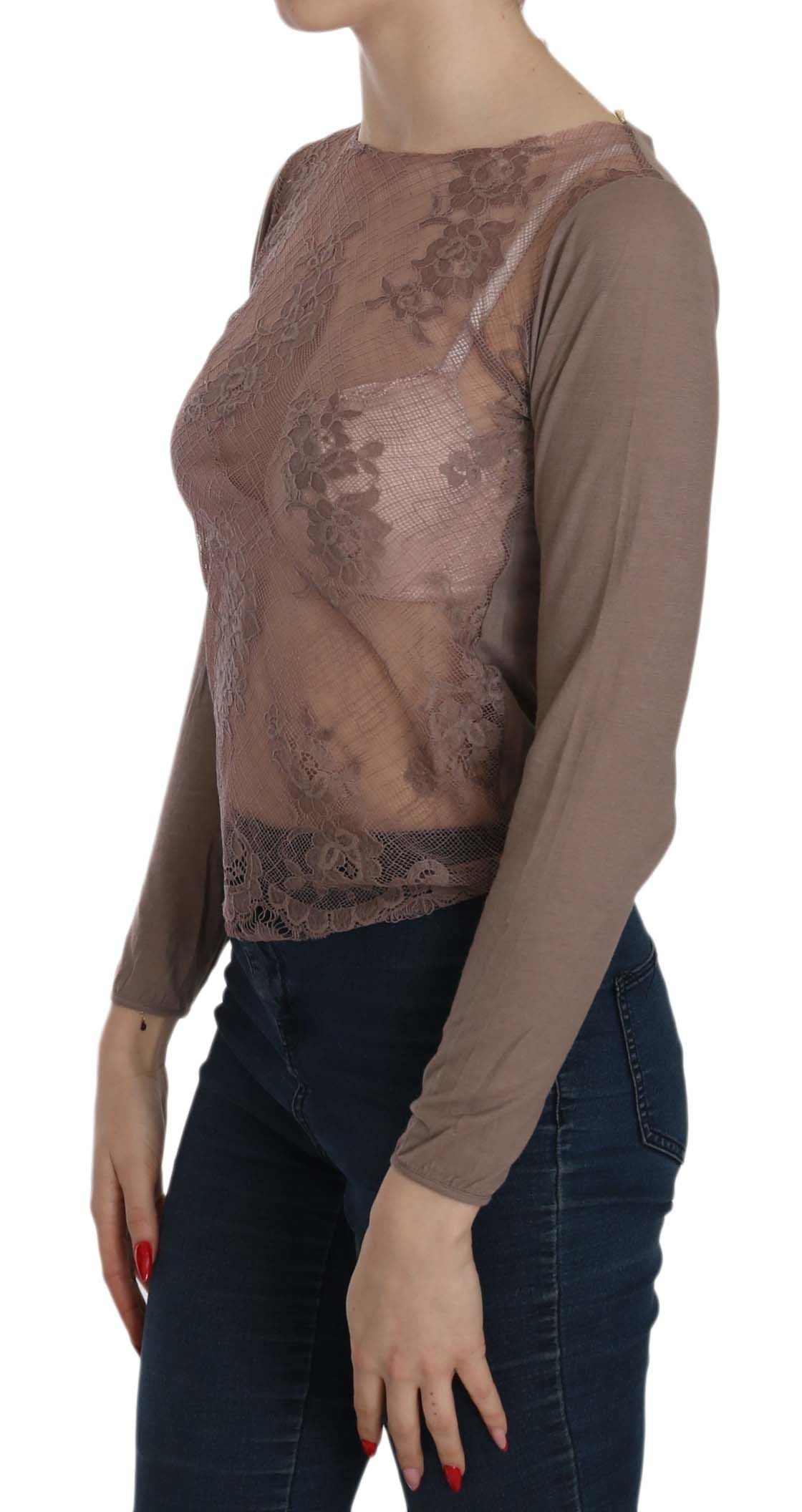 PINK MEMORIES Brown Lace See Through Long Sleeve Top $254.00 PINK MEMORIES Luzworld