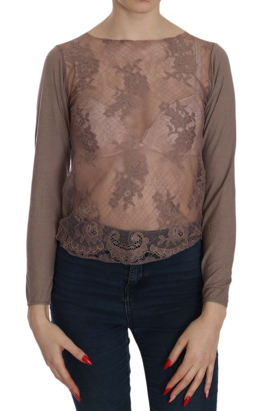 PINK MEMORIES Brown Lace See Through Long Sleeve Top $254.00 PINK MEMORIES Luzworld