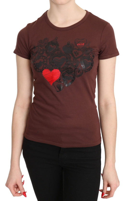 Exte Brown Hearts Printed Round Neck T-shirt Top $246.00 Exte Luzworld