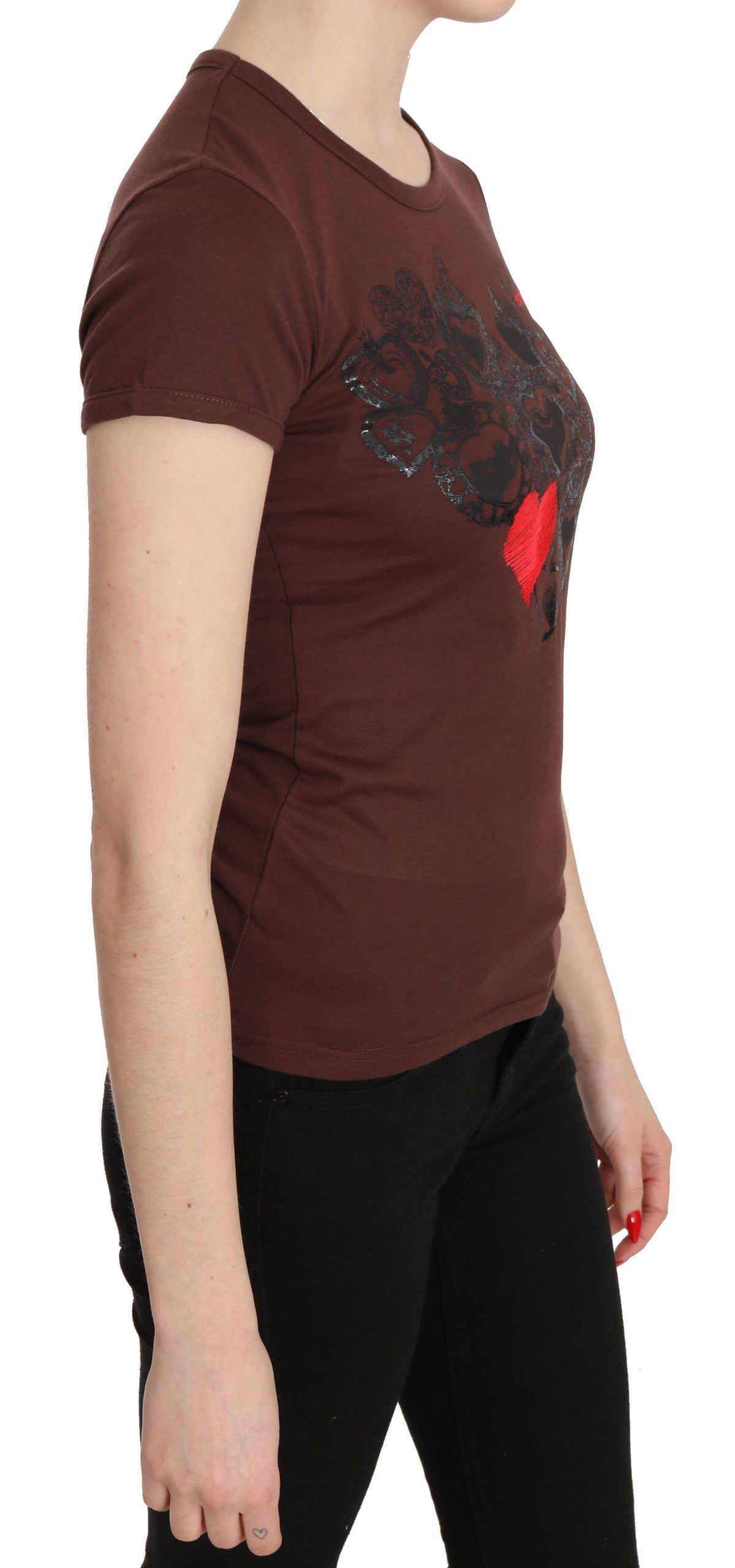 Exte Brown Hearts Printed Round Neck T-shirt Top $246.00 Exte Luzworld