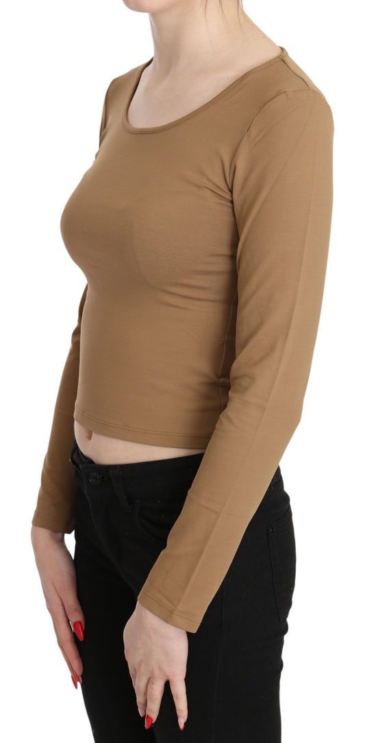 GF Ferre Brown Round Neck Long Sleeve Slim Crop Top Blouse $548.00 GF Ferre Luzworld