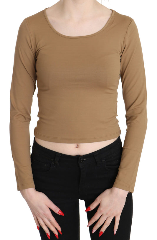 GF Ferre Brown Round Neck Long Sleeve Slim Crop Top Blouse $548.00 GF Ferre Luzworld