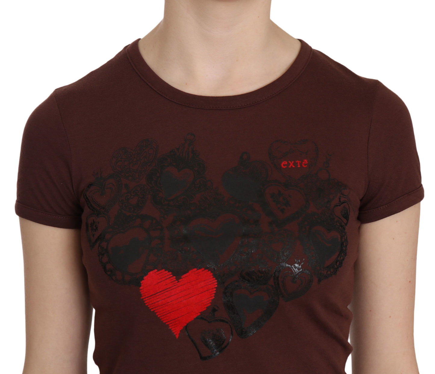 Exte Brown Heart Print Crew Neck T-shirt Short Sleeve Blouse $246.00 Exte Luzworld