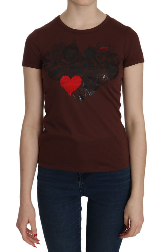 Exte Brown Heart Print Crew Neck T-shirt Short Sleeve Blouse $246.00 Exte Luzworld