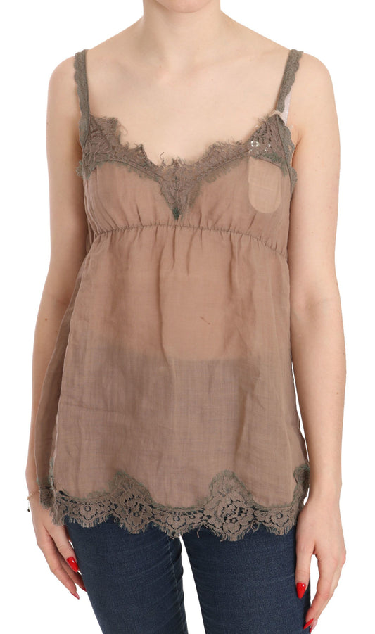 PINK MEMORIES Brown Lace Spaghetti Strap Plunging Top Blouse $153.00 PINK MEMORIES Luzworld