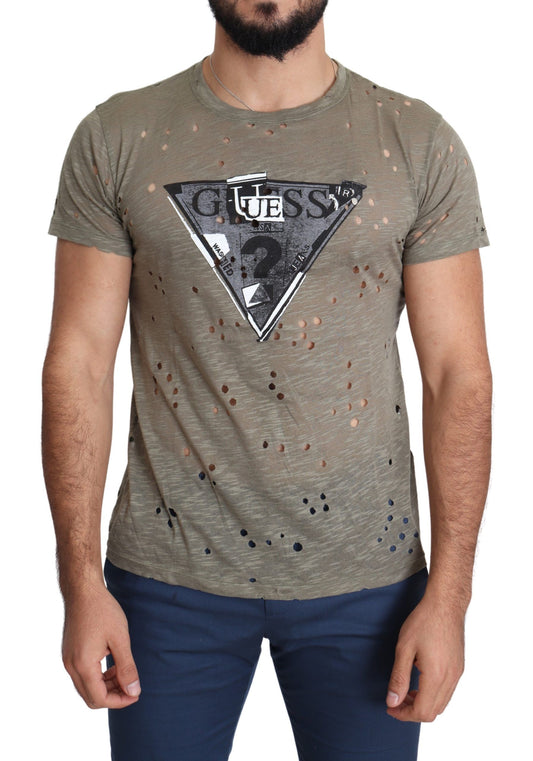 Guess Brown Cotton Stretch Logo Print Men Casual Perforated T-shirt $138.00 Guess Luzworld