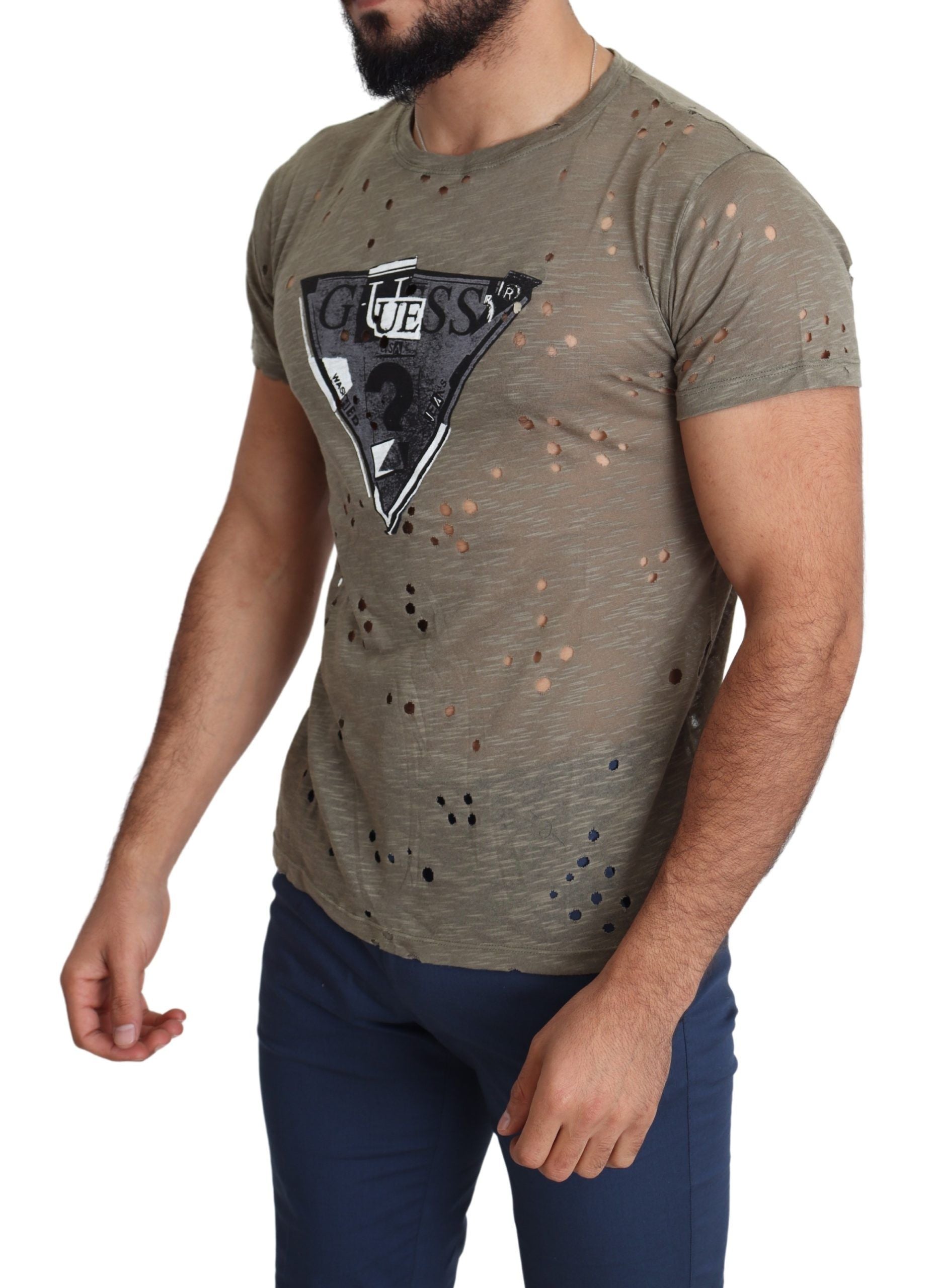 Guess Brown Cotton Stretch Logo Print Men Casual Perforated T-shirt $138.00 Guess Luzworld