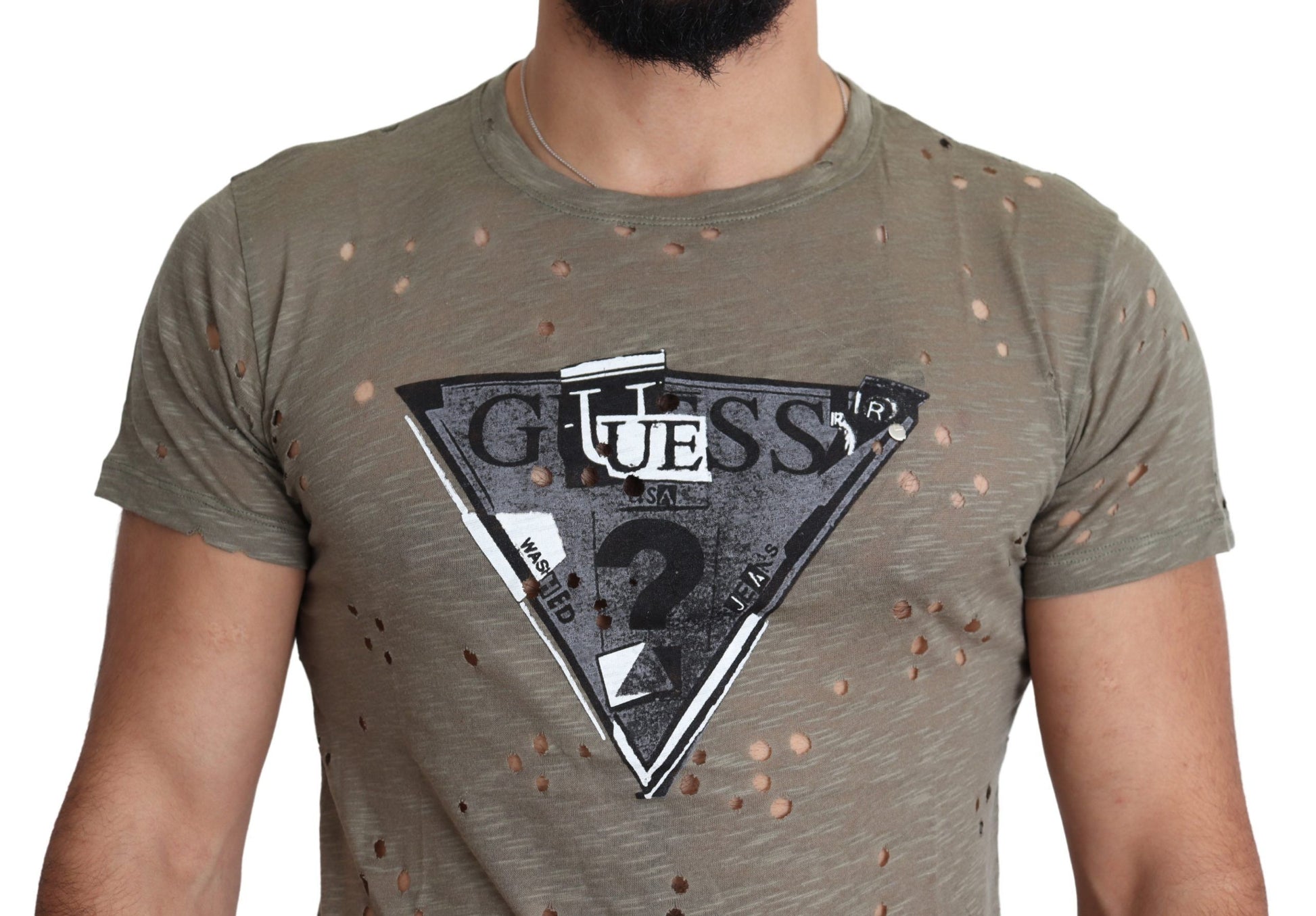 Guess Brown Cotton Stretch Logo Print Men Casual Perforated T-shirt $138.00 Guess Luzworld