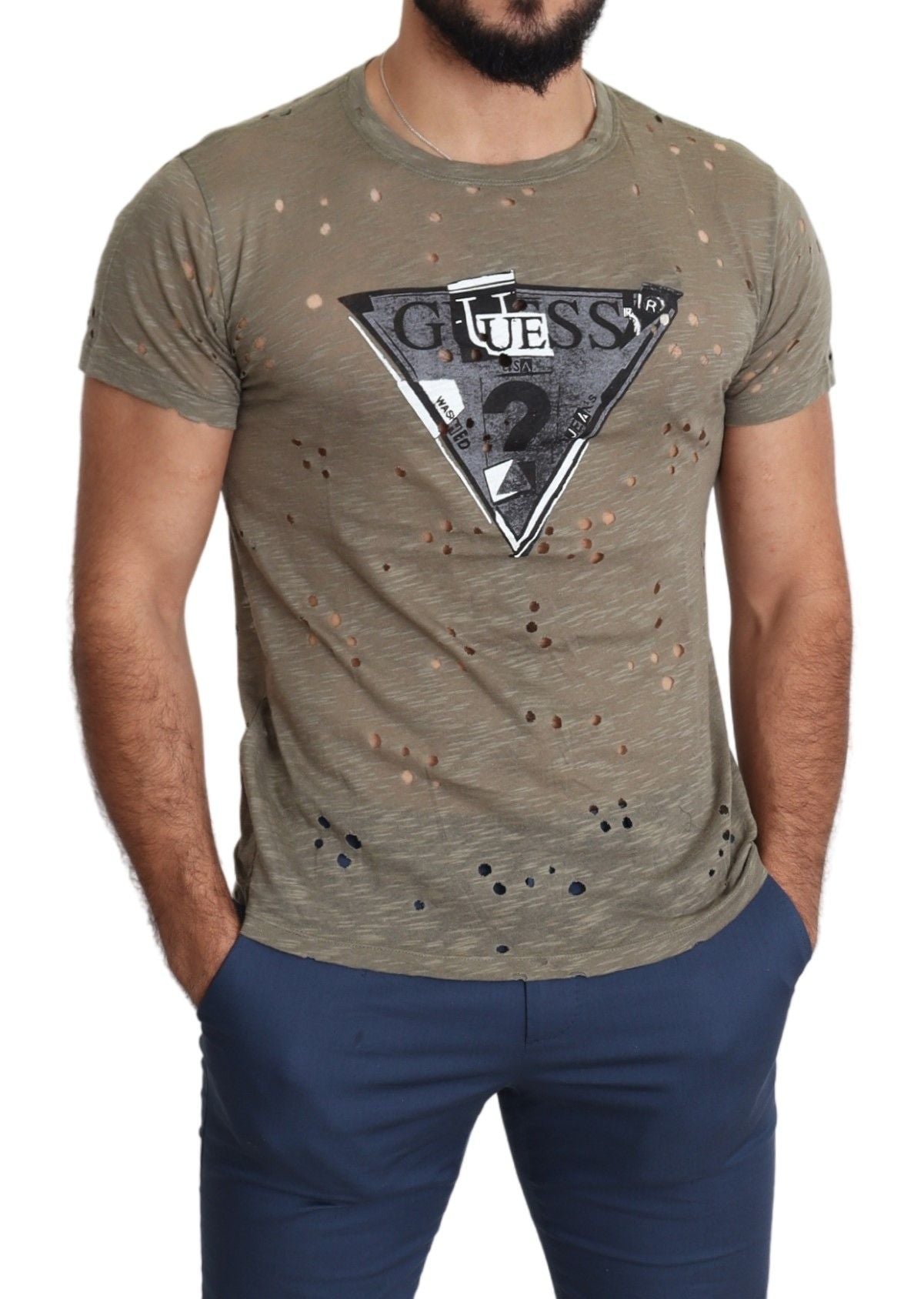 Guess Brown Cotton Stretch Logo Print Men Casual Perforated T-shirt $138.00 Guess Luzworld