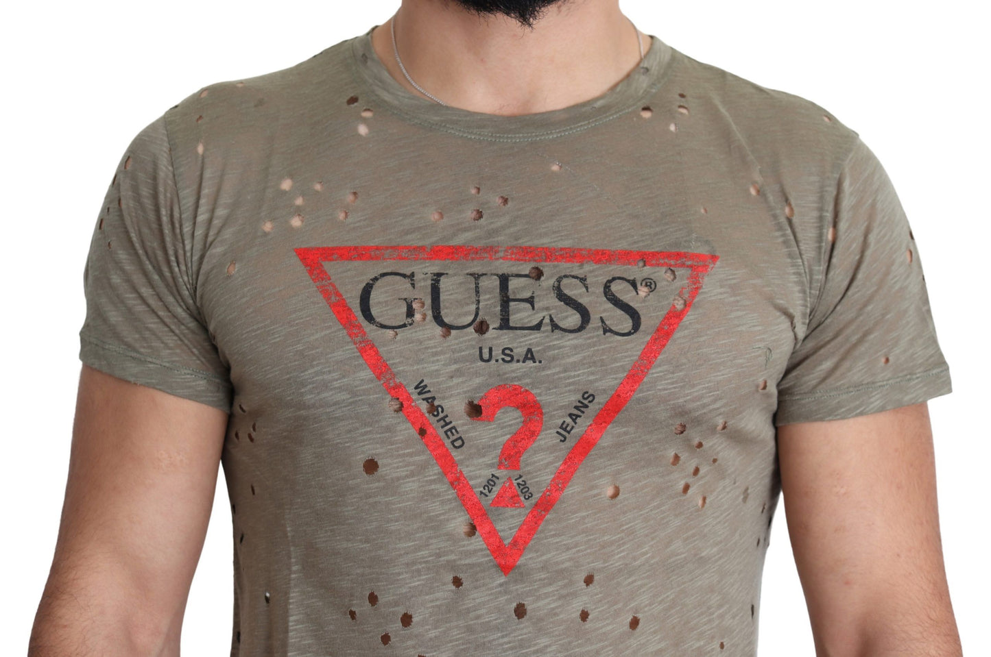 Guess Brown Cotton Stretch Logo Print Men Casual Perforated T-shirt $138.00 Guess Luzworld