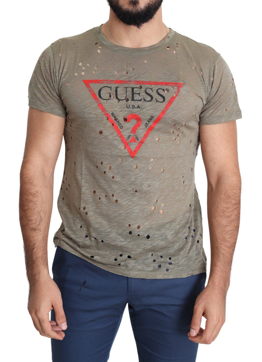 Guess Brown Cotton Stretch Logo Print Men Casual Perforated T-shirt $138.00 Guess Luzworld