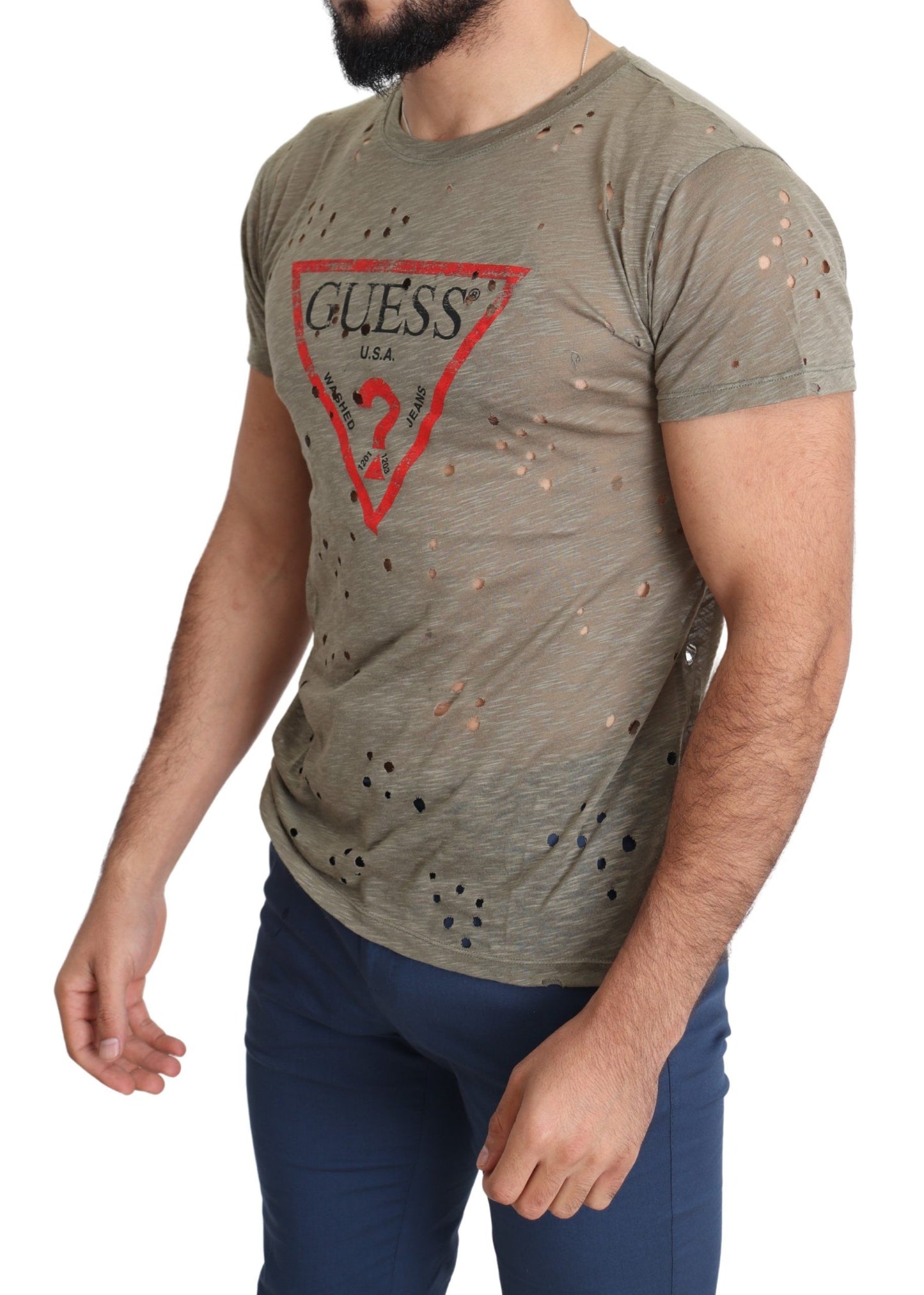 Guess Brown Cotton Stretch Logo Print Men Casual Perforated T-shirt $138.00 Guess Luzworld