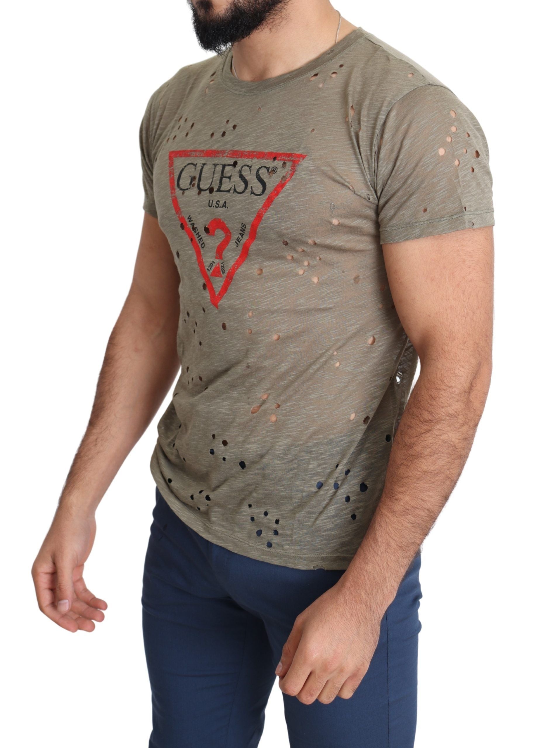 Guess Brown Cotton Stretch Logo Print Men Casual Perforated T-shirt $138.00 Guess Luzworld