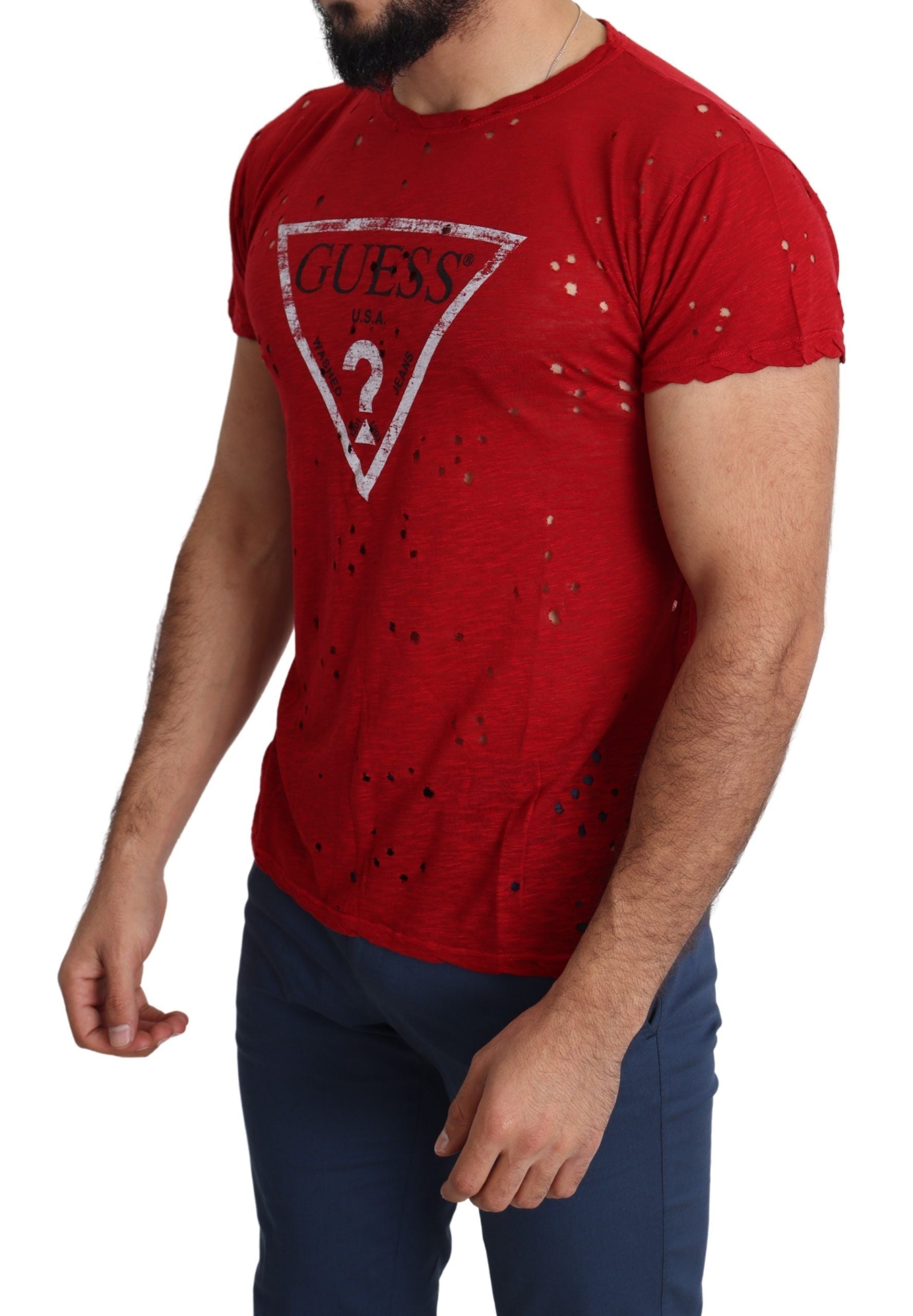 Guess Red Cotton Logo Print Men Casual Top Perforated T-shirt $132.00 Guess Luzworld