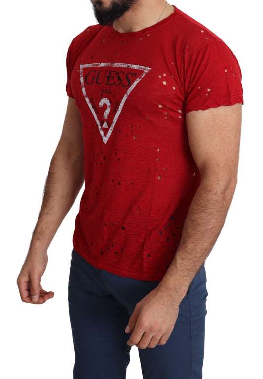 Guess Red Cotton Logo Print Men Casual Top Perforated T-shirt $132.00 Guess Luzworld