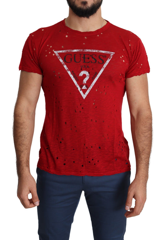 Guess Red Cotton Logo Print Men Casual Top Perforated T-shirt $132.00 Guess Luzworld
