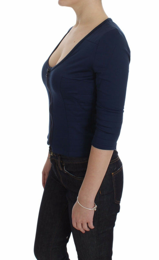 Exte Blue Cotton Top Zipper Deep Crew-neck Sweater $491.00 Exte Luzworld