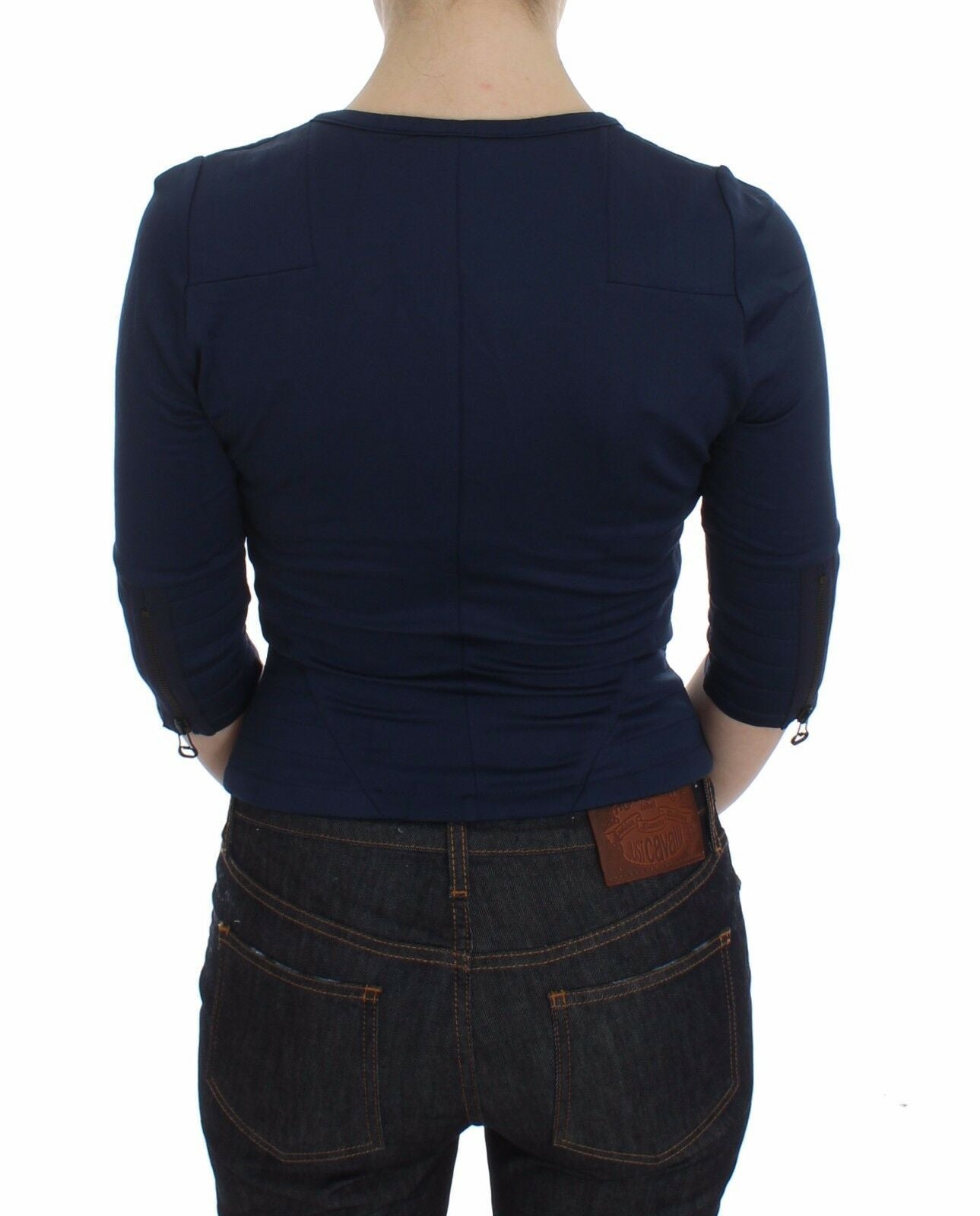 Exte Blue Cotton Top Zipper Deep Crew-neck Sweater $491.00 Exte Luzworld