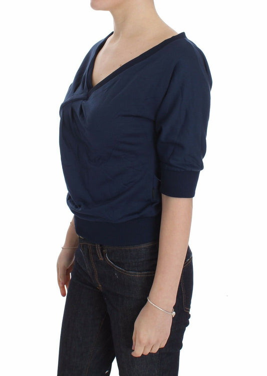 Exte Blue Cotton Top Pullover Deep V-neck Women Sweater $280.00 Exte Luzworld
