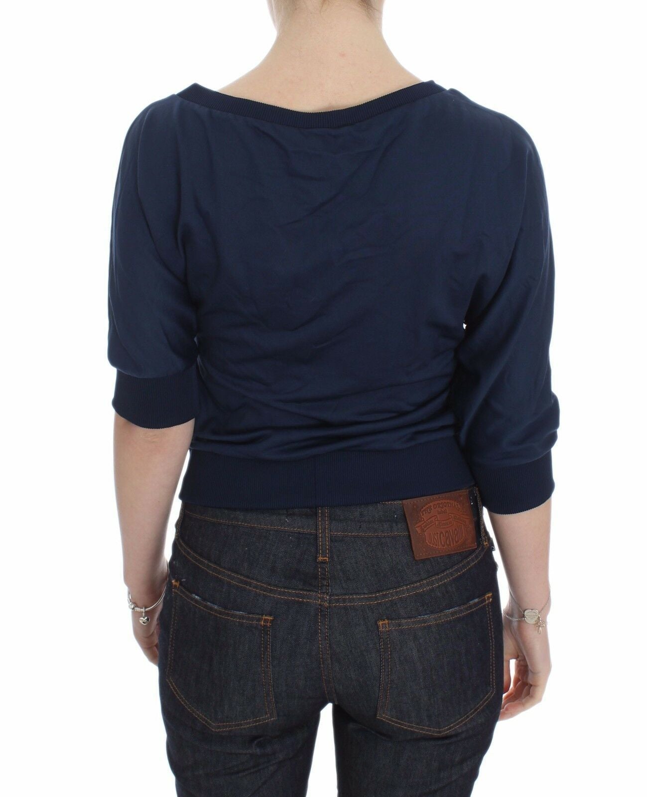 Exte Blue Cotton Top Pullover Deep V-neck Women Sweater $280.00 Exte Luzworld