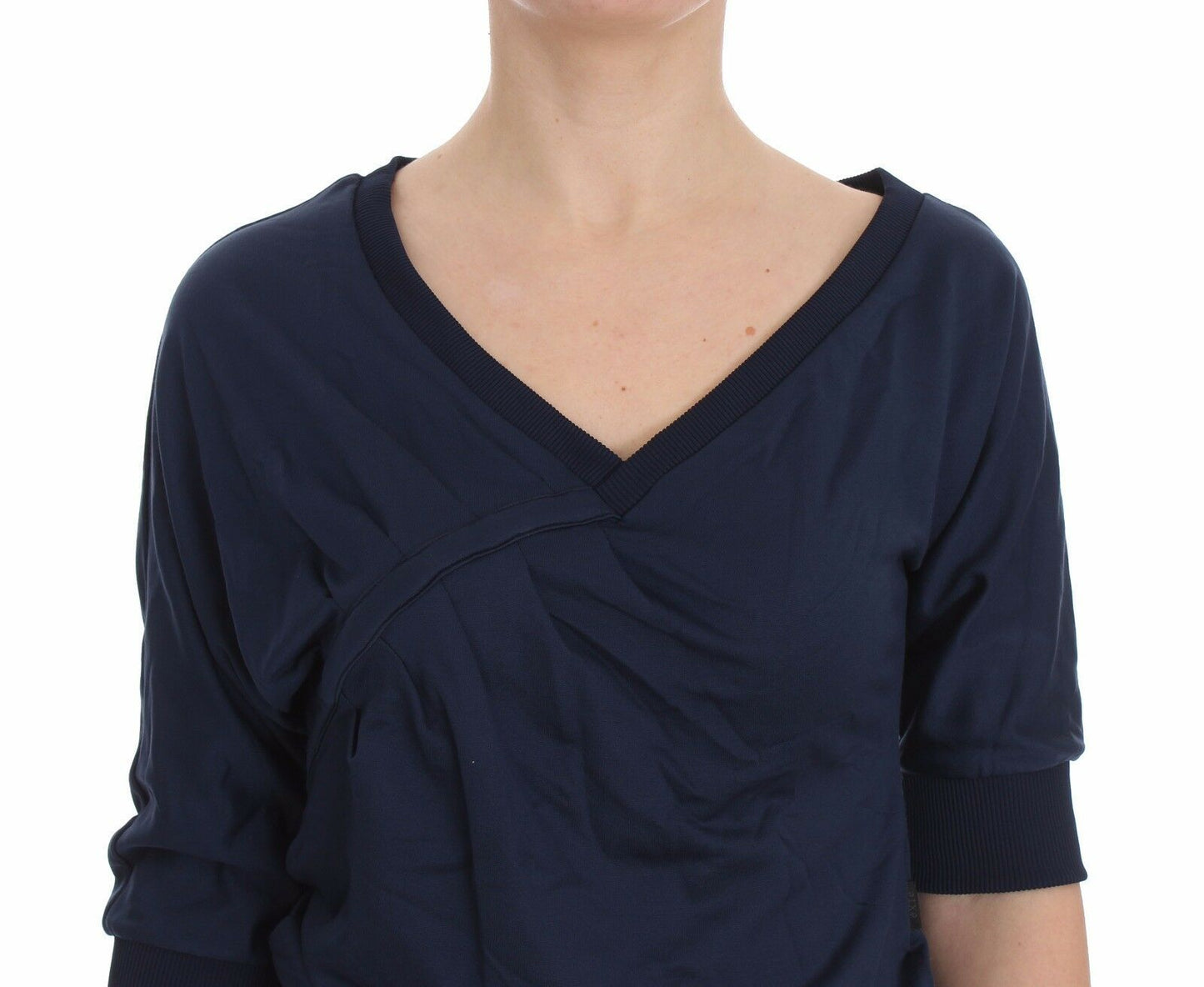 Exte Blue Cotton Top Pullover Deep V-neck Women Sweater $280.00 Exte Luzworld