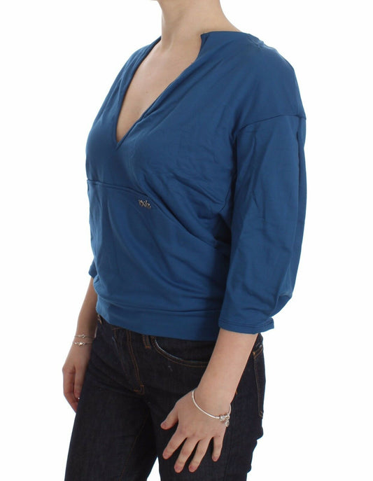 Exte Blue Cotton Top Pullover Deep V-neck Women Sweater $280.00 Exte Luzworld