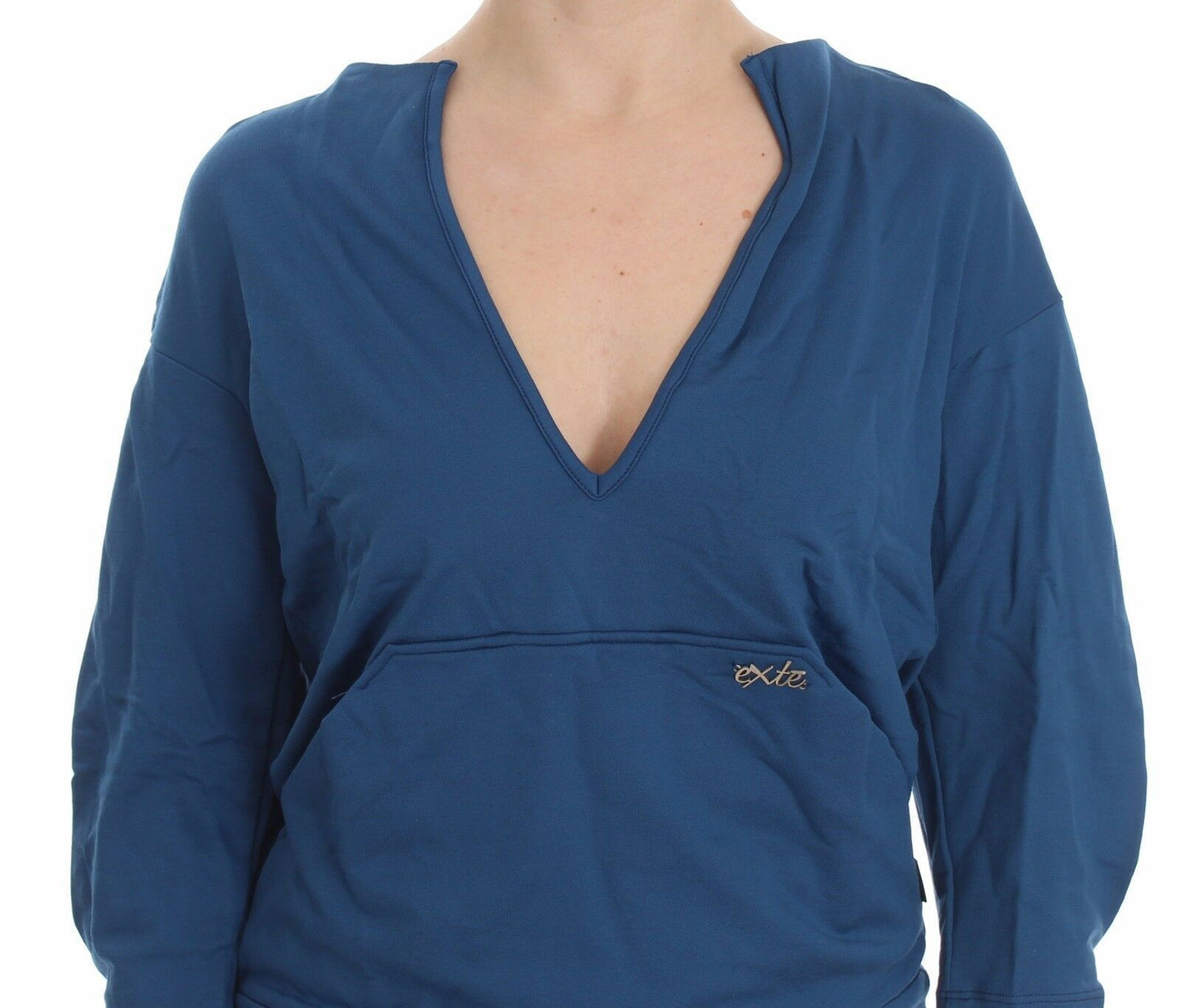 Exte Blue Cotton Top Pullover Deep V-neck Women Sweater $280.00 Exte Luzworld