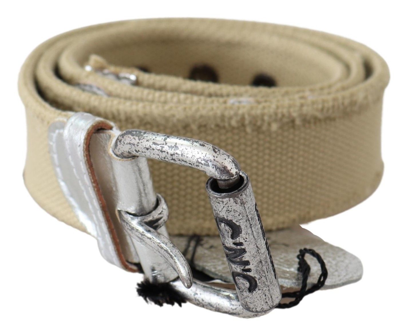Costume National Beige Cotton Rustic Logo Buckle Belt $250.00 Costume National Luzworld