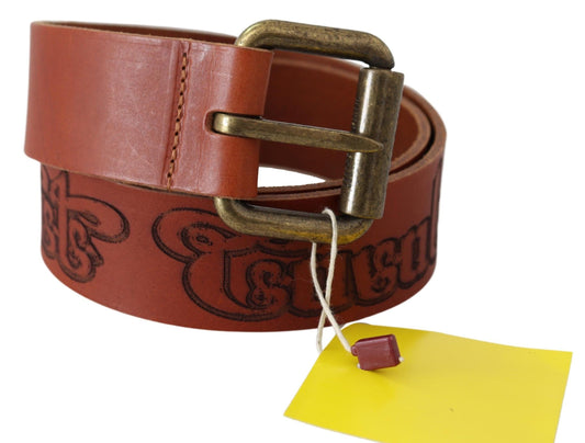 Just Cavalli Brown Leather Logo Bronze Rustic Metal Buckle Belt $500.00 Just Cavalli Luzworld