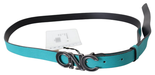 Costume National Blue Green Leather Logo Silver Buckle Belt $254.00 Costume National Luzworld