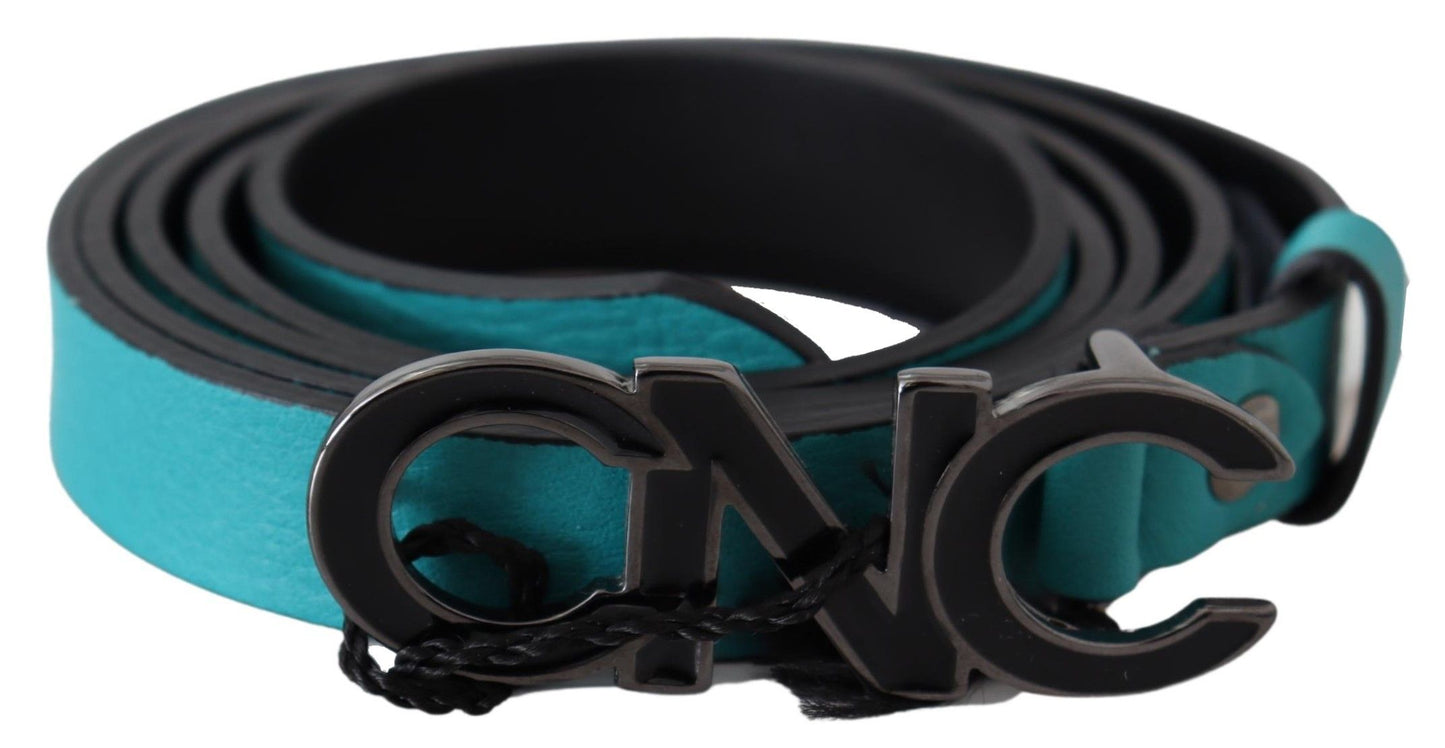 Costume National Blue Green Leather Logo Silver Buckle Belt $254.00 Costume National Luzworld