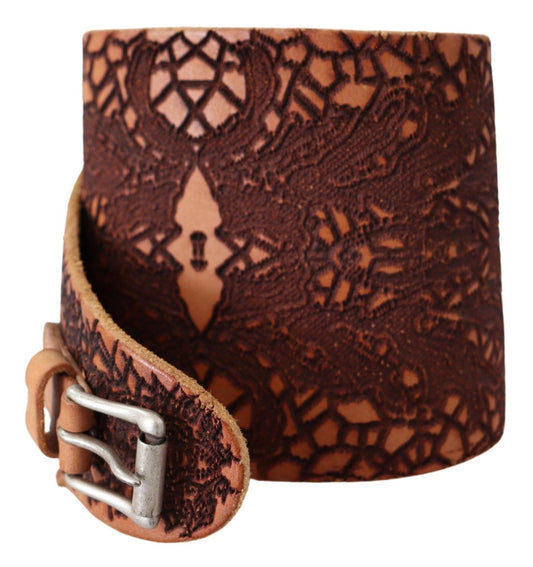Scervino Street Brown Wide Leather Embroidered Design Logo Belt $564.00 Scervino Street Luzworld