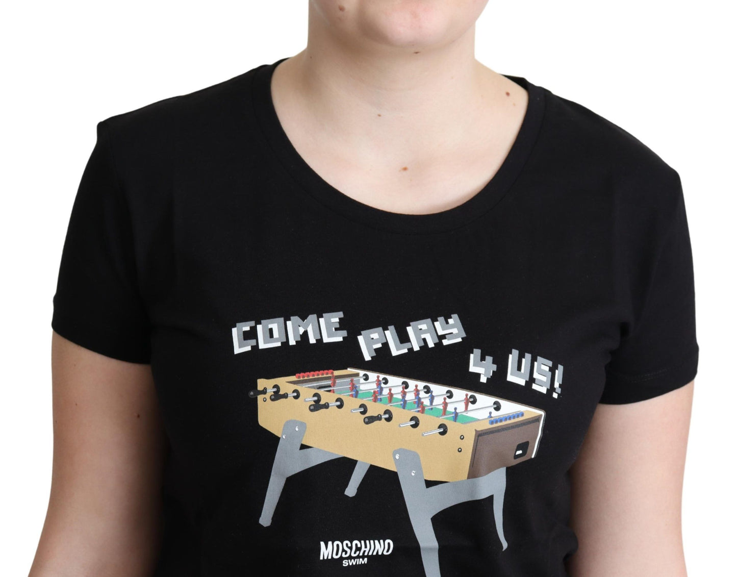 Moschino Black Cotton Come Play 4 Us Print Tops T-shirt $513.00 Moschino Luzworld
