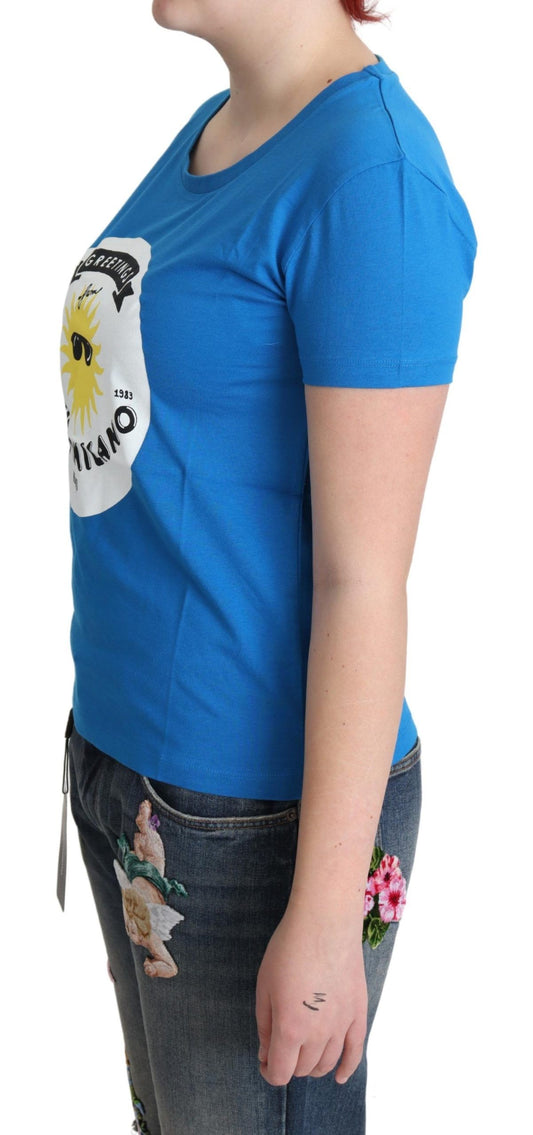 Moschino Blue Cotton Sunny Milano Print Tops T-shirt $513.00 Moschino Luzworld