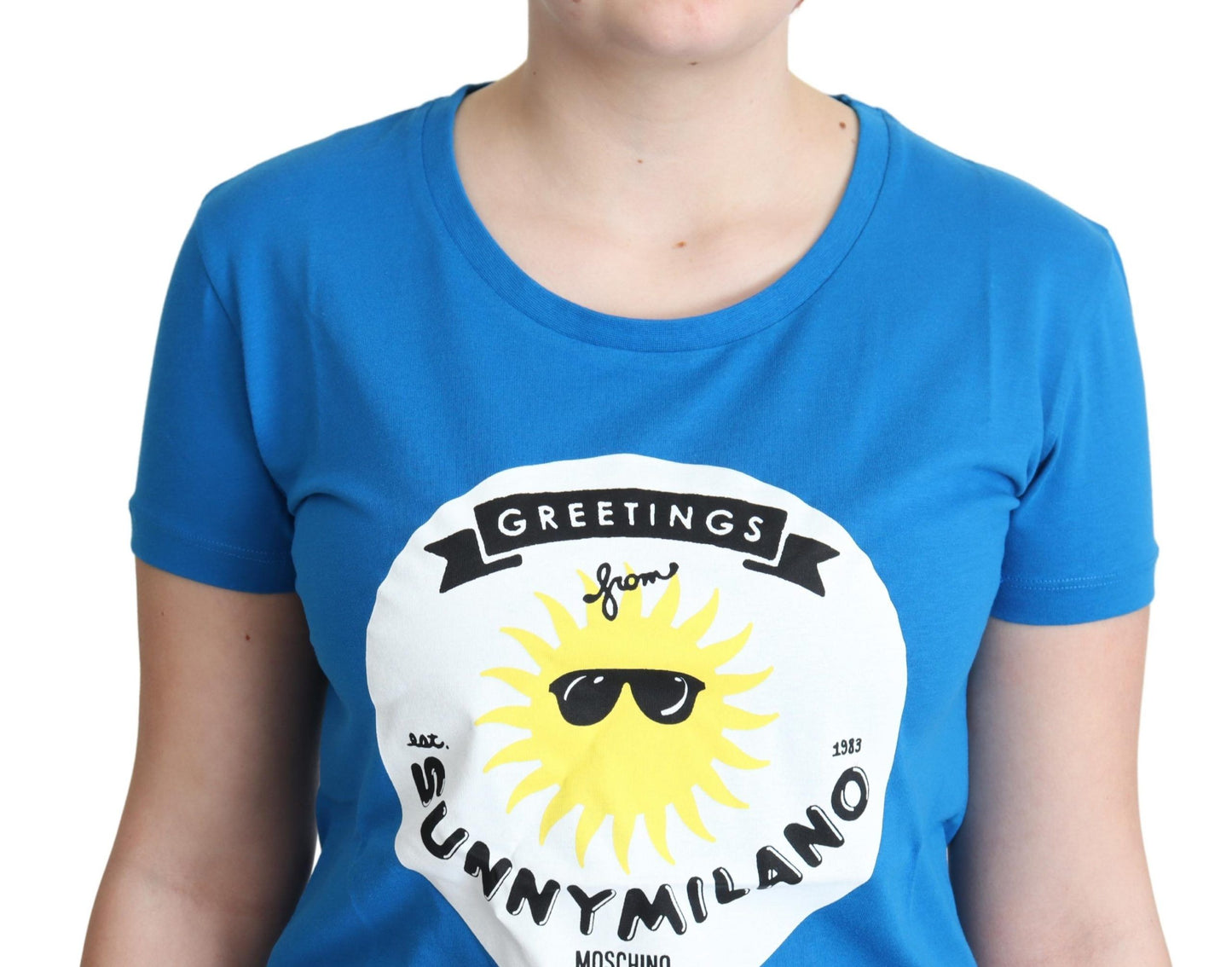 Moschino Blue Cotton Sunny Milano Print Tops T-shirt $513.00 Moschino Luzworld