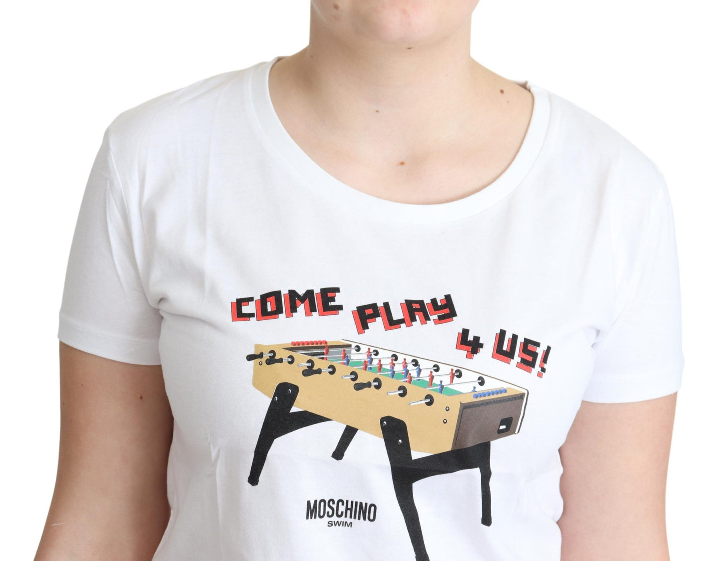 Moschino White Cotton Come Play 4 Us Print Tops T-shirt $513.00 Moschino Luzworld