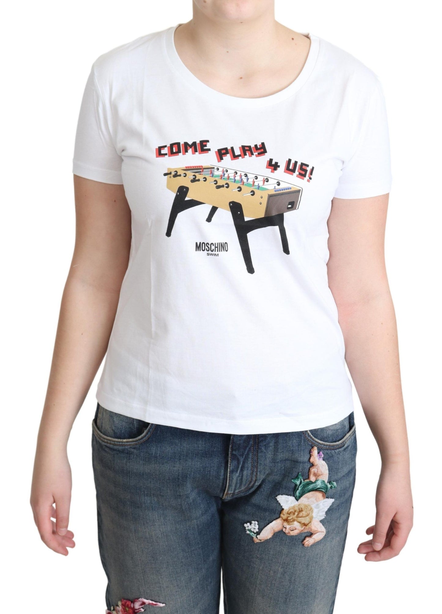 Moschino White Cotton Come Play 4 Us Print Tops T-shirt $513.00 Moschino Luzworld